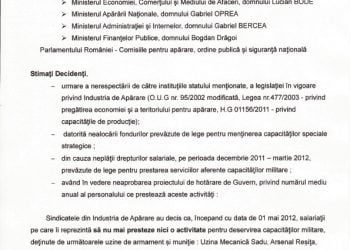 Scrisoare deschisa a sindicalistilor din aparare: Inceteaza lucrul in toata tara in semn de protest!
