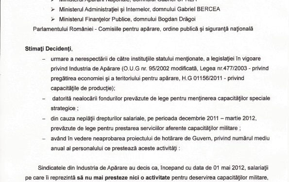 Scrisoare deschisa a sindicalistilor din aparare: Inceteaza lucrul in toata tara in semn de protest!