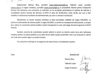 Trei jurnalisti locali au cerut sa participe la selectia directorului RATP