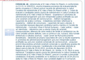 Ups…Doi membri din Consiliul de Administratie al SC HALE SI PIETE SA au demisionat, pe tacute. Se cauta altii, pe net
