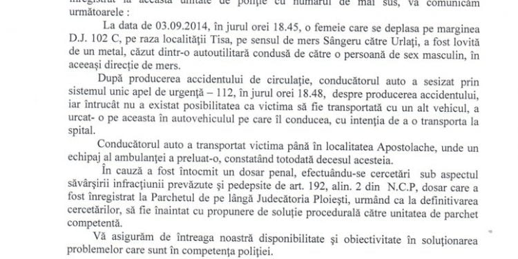 Cazul femeii ucise la Sangeru// S-a intocmit dosar penal pentru ucidere din culpa