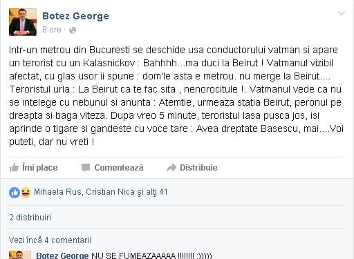 Gafe macabre// La cateva ore de la atentatele de la Bruxelles, consilierul local George Botez posta bancuri cu teroristi pe Facebook