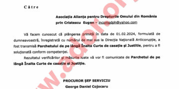 Plângerea in rem depusă la DNA București pentru recuperarea prejudiciului de 300 de milioane de euro fost trimis către Parchetul de pe lângă Înalta Curte de Casație și Justiție pentru a fi soluționată conform competenței