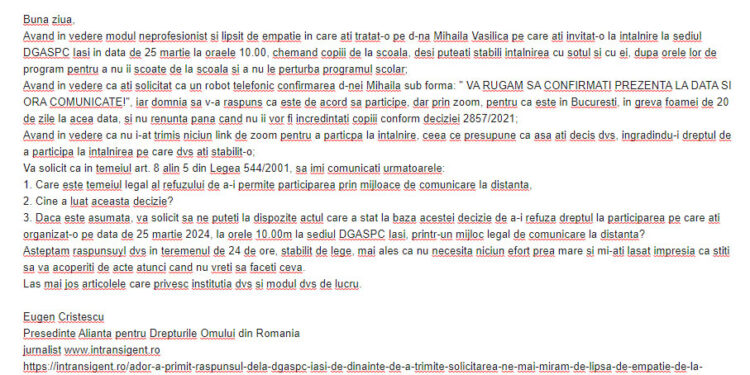 De ce nu ati permis d-nei Mihaila sa participe prin zoom la intalnirea pe care ati organizat-o, cei care conduceti DGASPC Iasi? Azi, am avut discutii la Prefectura si Consiliul Judetean Iasi