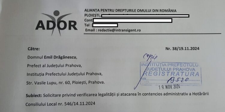 Alianța pentru Drepturile Omului din România solicită Prefectului Emil Drăgănescu anularea HCL nr. 546/14.11.2024