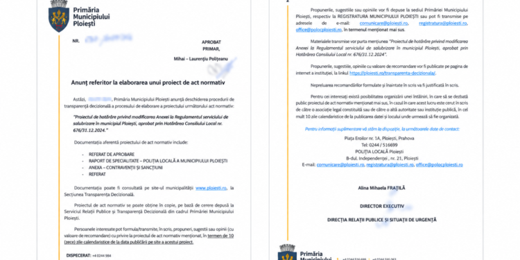 Transparență pe repede-înainte la Primăria Ploiești? Cetățenii au 10 zile să vorbească. Primăria are însă obligații mai largi